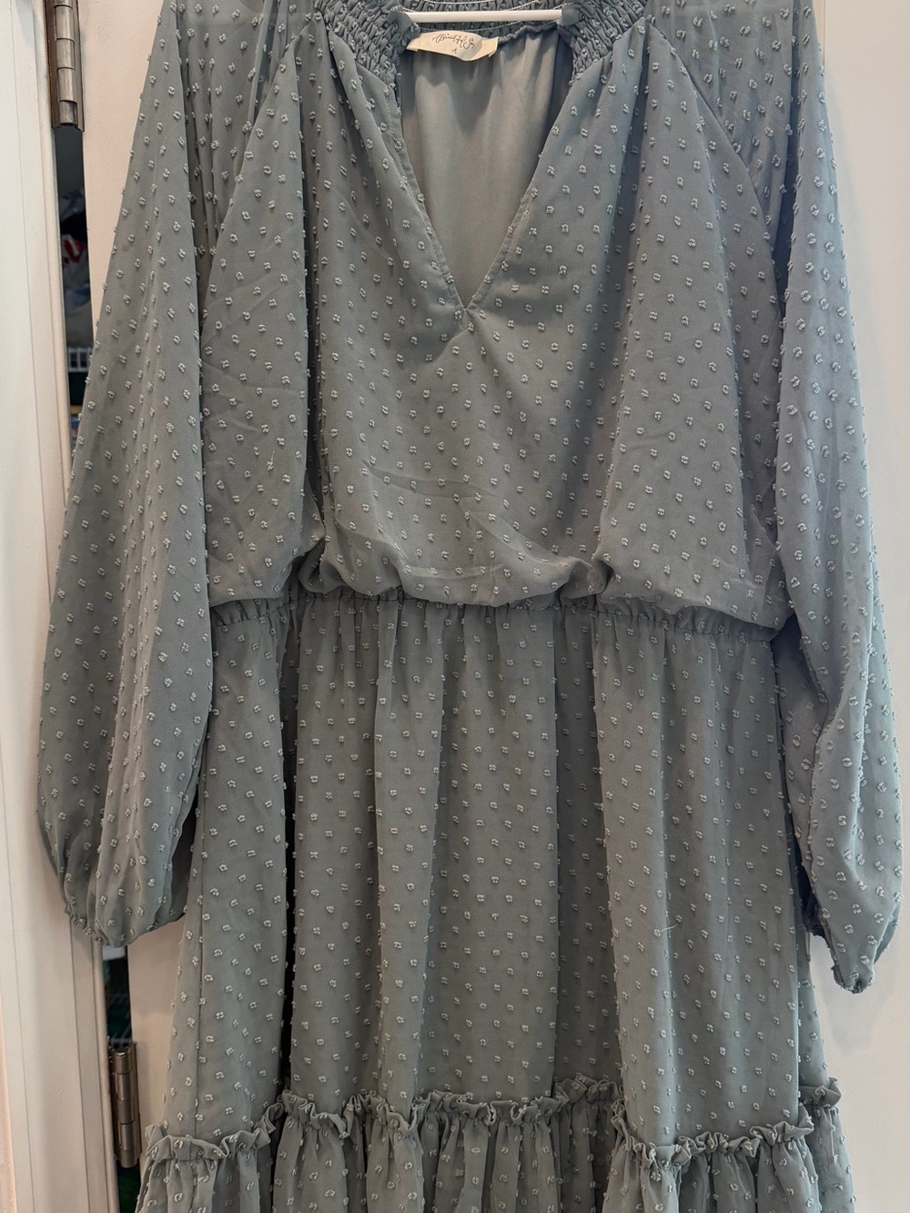 A beautiful soul/Arula Long Sleeve Sage Green Tiered Swiss Dot Dress size A